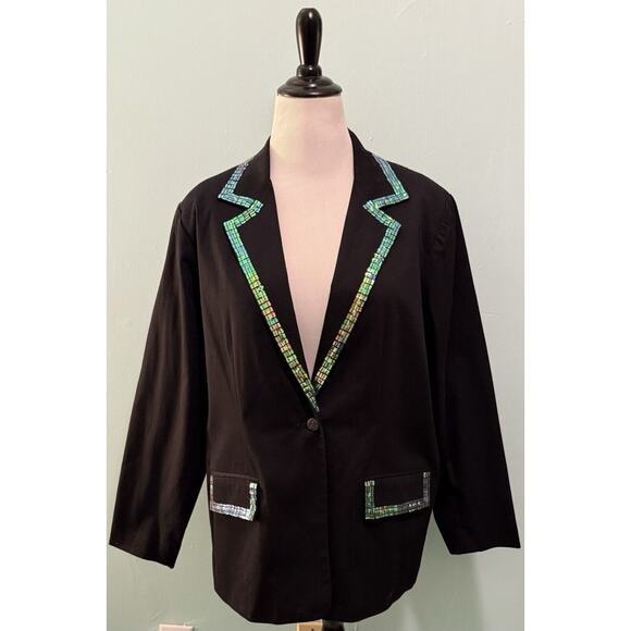 Quacker Factory Blazer Jacket Plus Size 1X Black Sequin Trim One Button - Picture 2 of 6